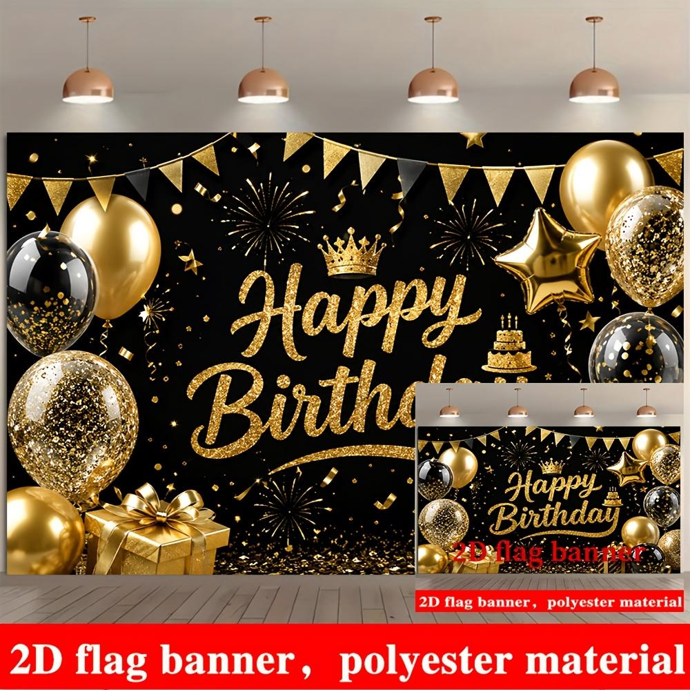 Black Gold Happy Birthday Banner Backdrop Balloons Crown Fireworks Polyester