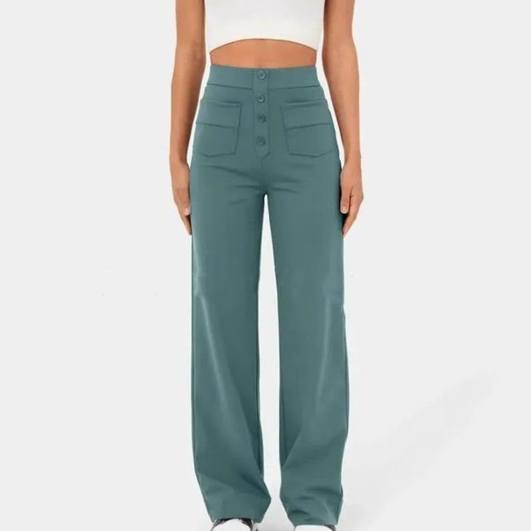 New Women High Waist Casual Straight Pants with Pockets European American Fashion Elastic Waist Button