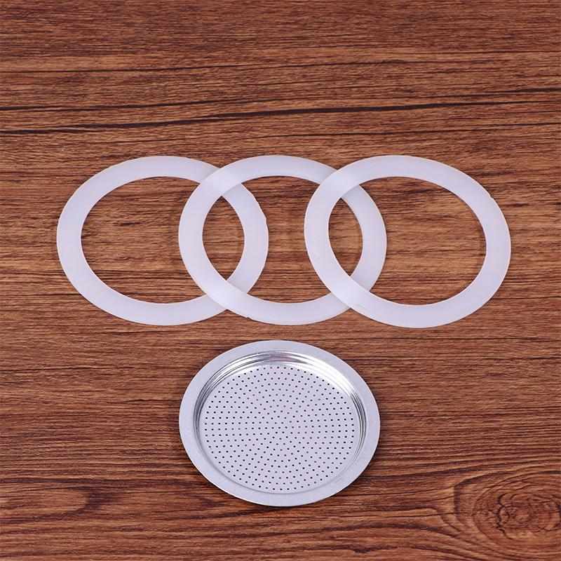 4Pcs/Set 3 Silicone Gaskets + Aluminum Filter Moka Pot Coffee Bottle Replacement Compatible With 1/2/3/6/9/12 Coffee Cup