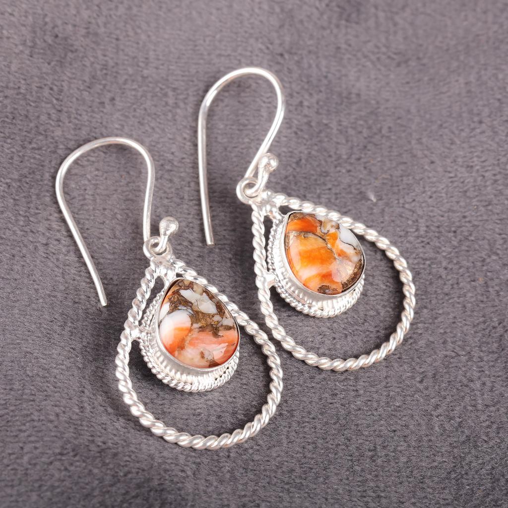Orange Copper Turquoise Gemstone Jewelry, 925 Solid Sterling Silver, Handmade Balancing Earrings For Gift
