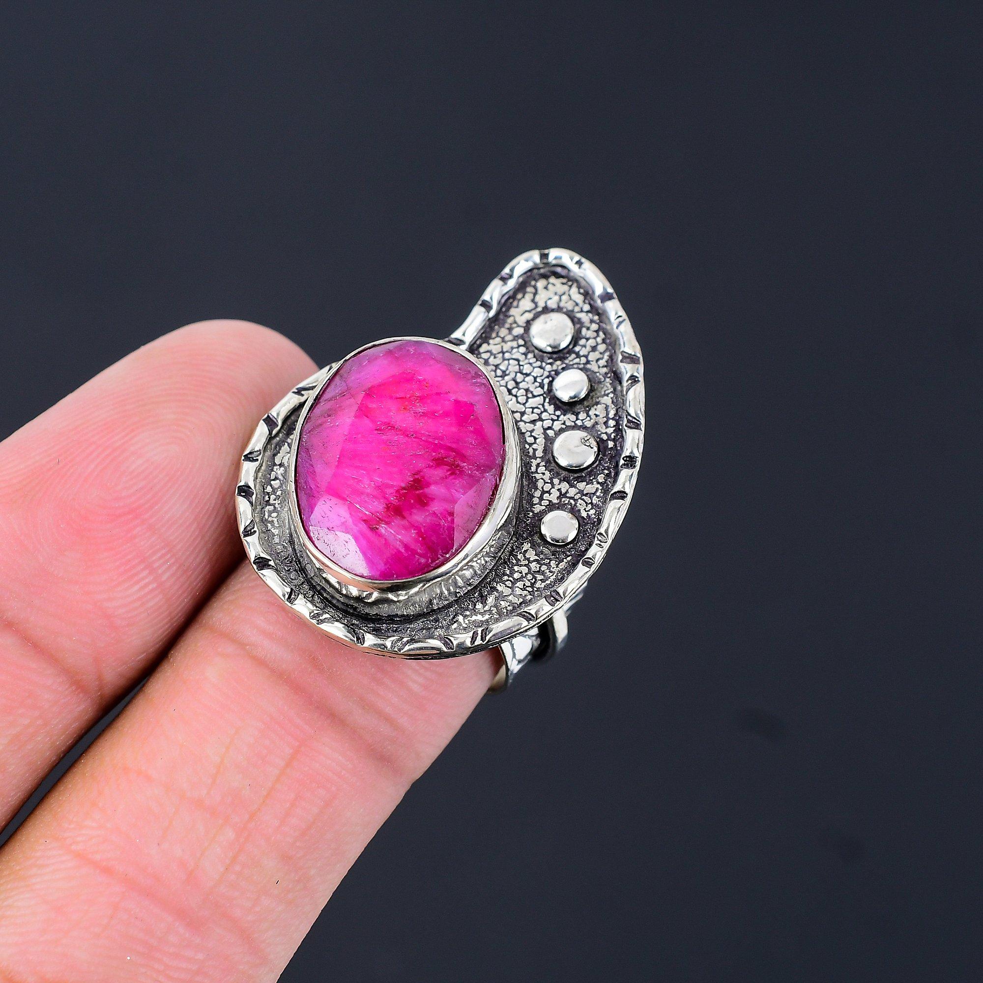 Sterling Silver Natural Kashmir Ruby Wife Elegant Solitaire Boho New Ring US 8 8
