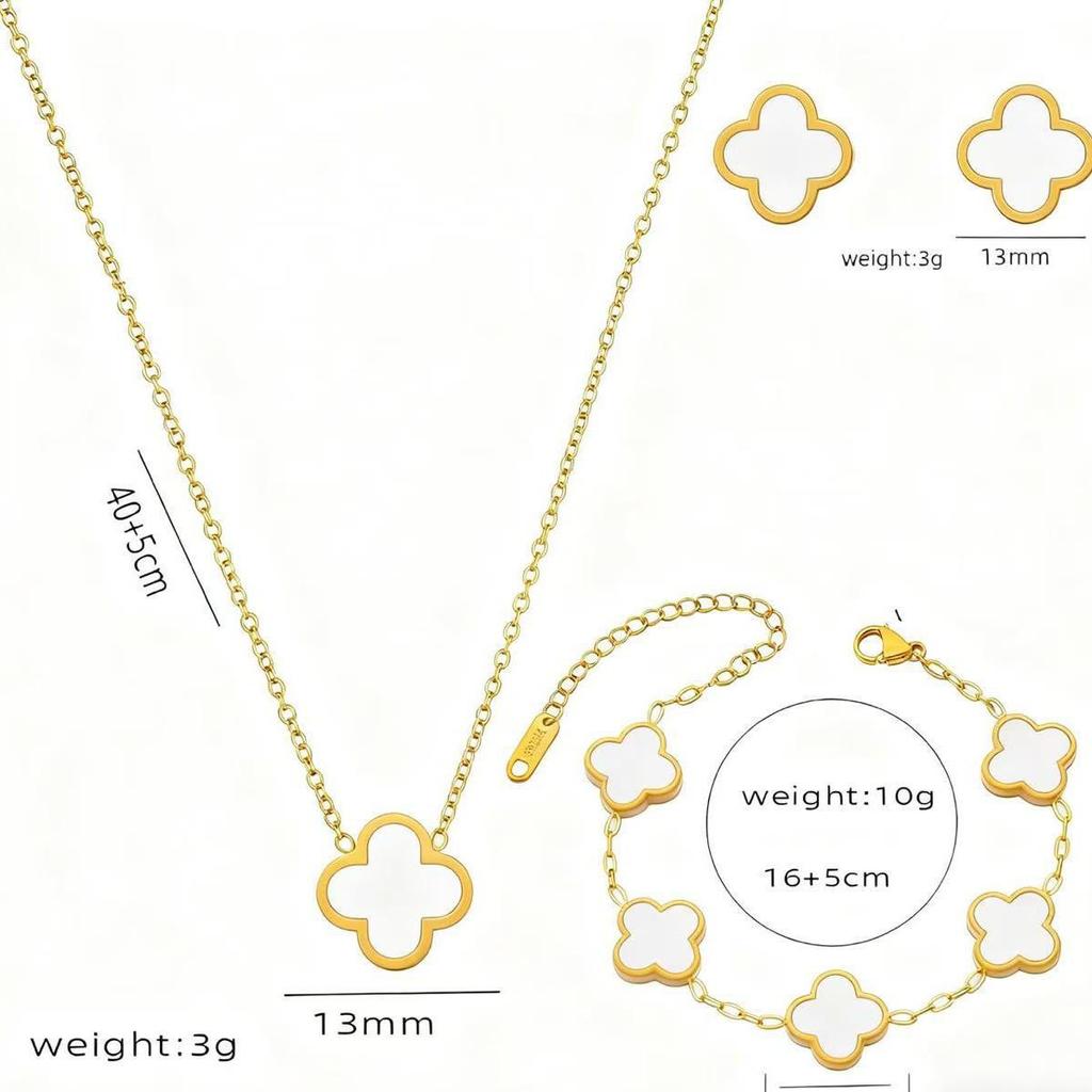 13mm Vierblättriges Kleeblatt Titanstahl Schmuckset: 18K Armband, Halskette, Ohrringe