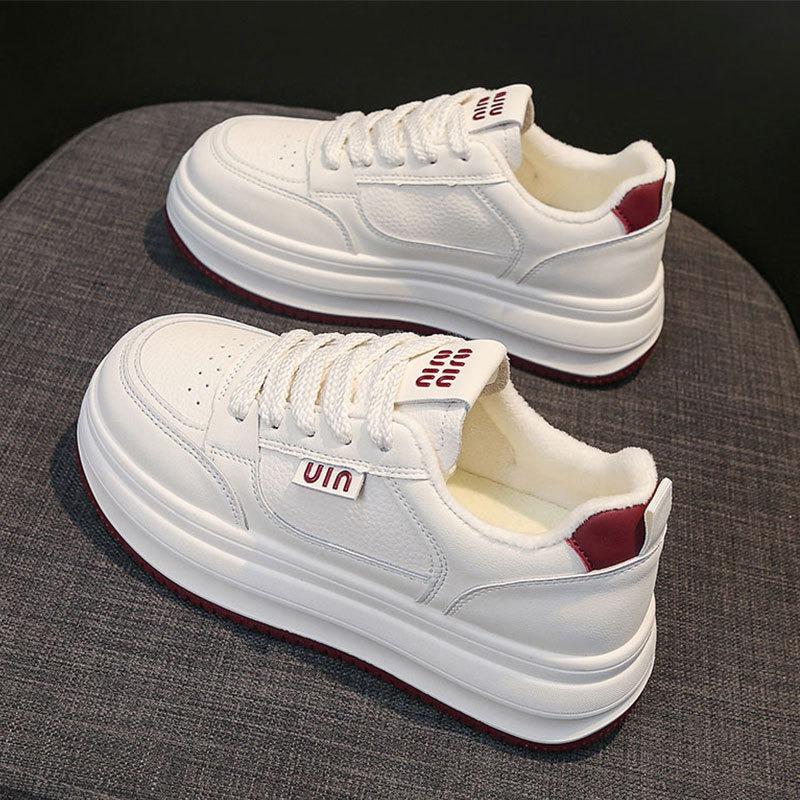 Leather little white shoes women's shoes new autumn and winter thick baseplate shoes versatile non-slip velvet heightening casual cotton shoes