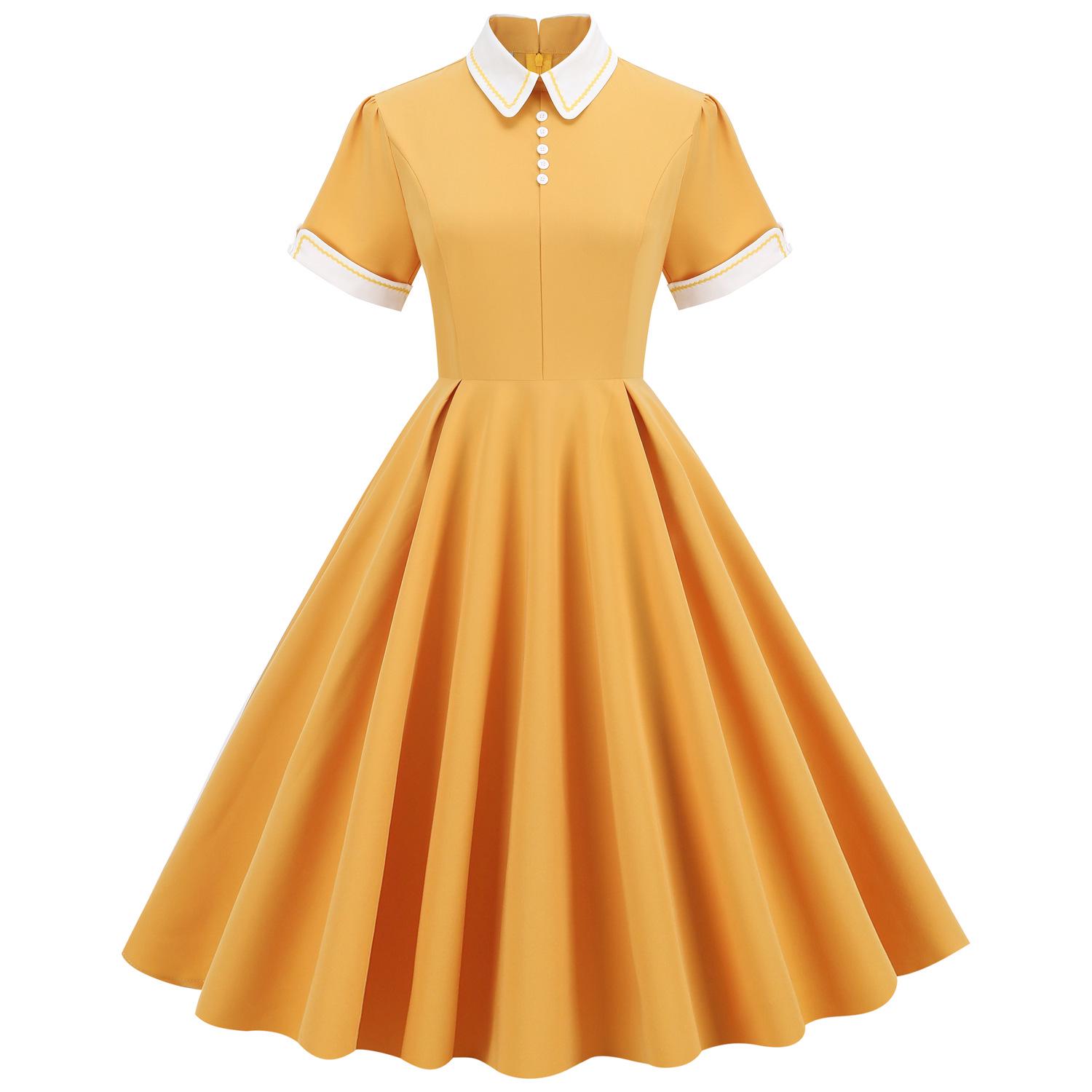 Original Hepburn Style Retro Striped High Neck Doll Collar Mid-Length Dress for Women XL