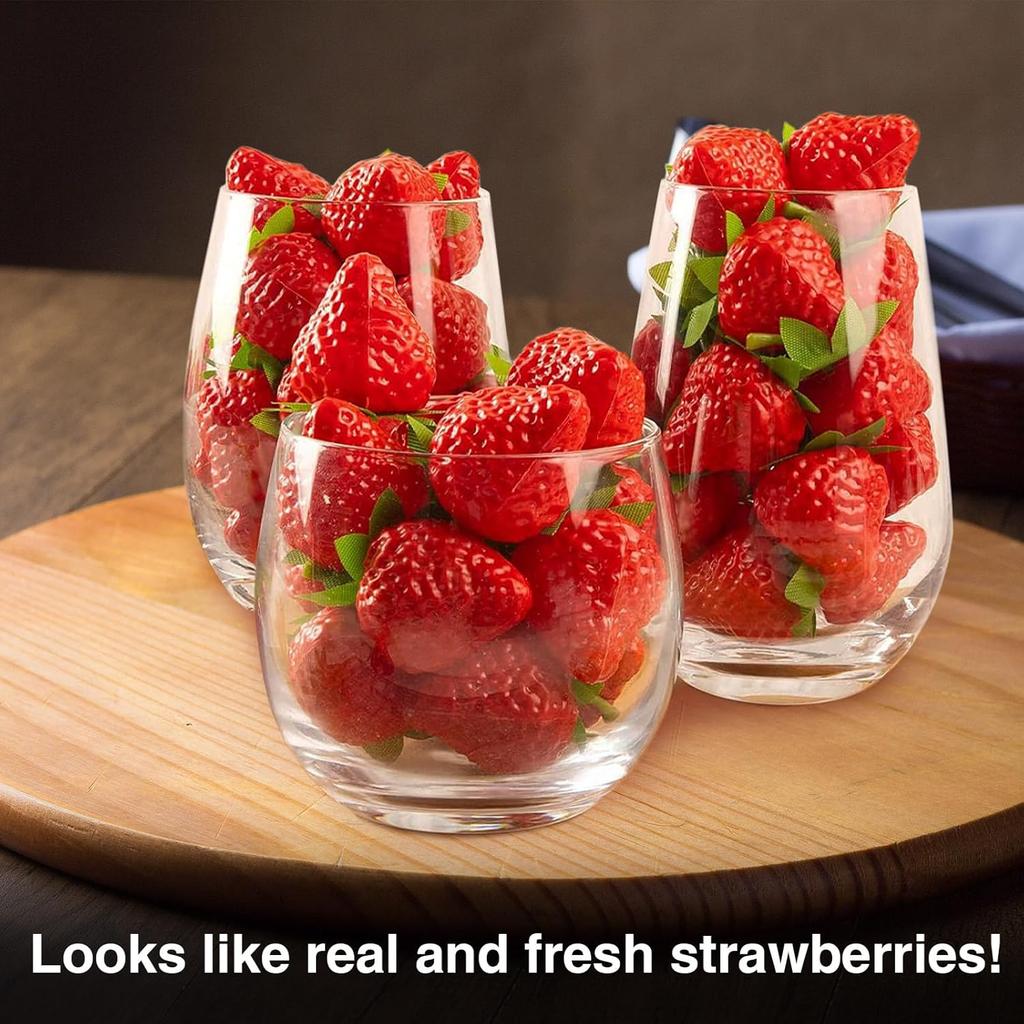 100 Pieces Fake Strawberries Fake Fruit Artificial Strawberry Kitchen Décor Plastic Strawberry Party Decorations Realistic Fake Food Lifelike for