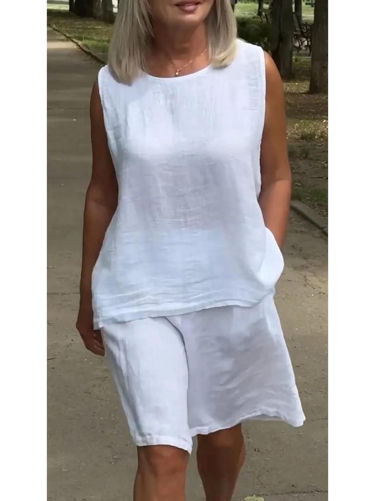 Women's Cotton & Linen Sleeveless Shorts Set - Casual Round Neck Design