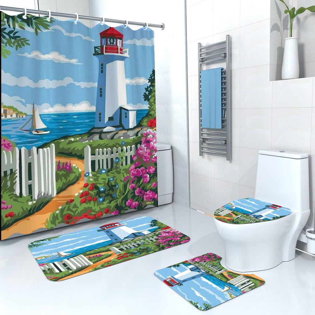Shower Curtain Digital Printing Shower Curtain Lighthouse Landscape Polyester Bathroom Partition Curtain Bathroom Four-Piece Set