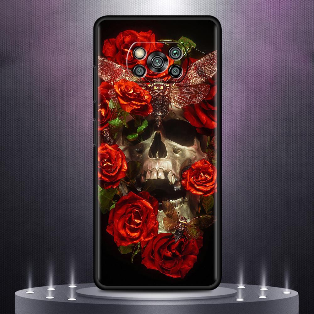 Czarne Miękkie Etui Na Xiaomi Mi Poco X3 NFC 10T Pro 11 11T Note 10 Lite 9T M3 F3 A2 F1 TPU Pokrowiec Na Telefon Komórkowy Różany Szkielet Czaszka