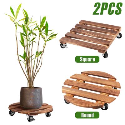 2Pcs Plant Rollers Wooden Flower Pot Tray with Wheels Round/Square Plant Caddy Multi-role Garden Accessories for Outdoor Indoor