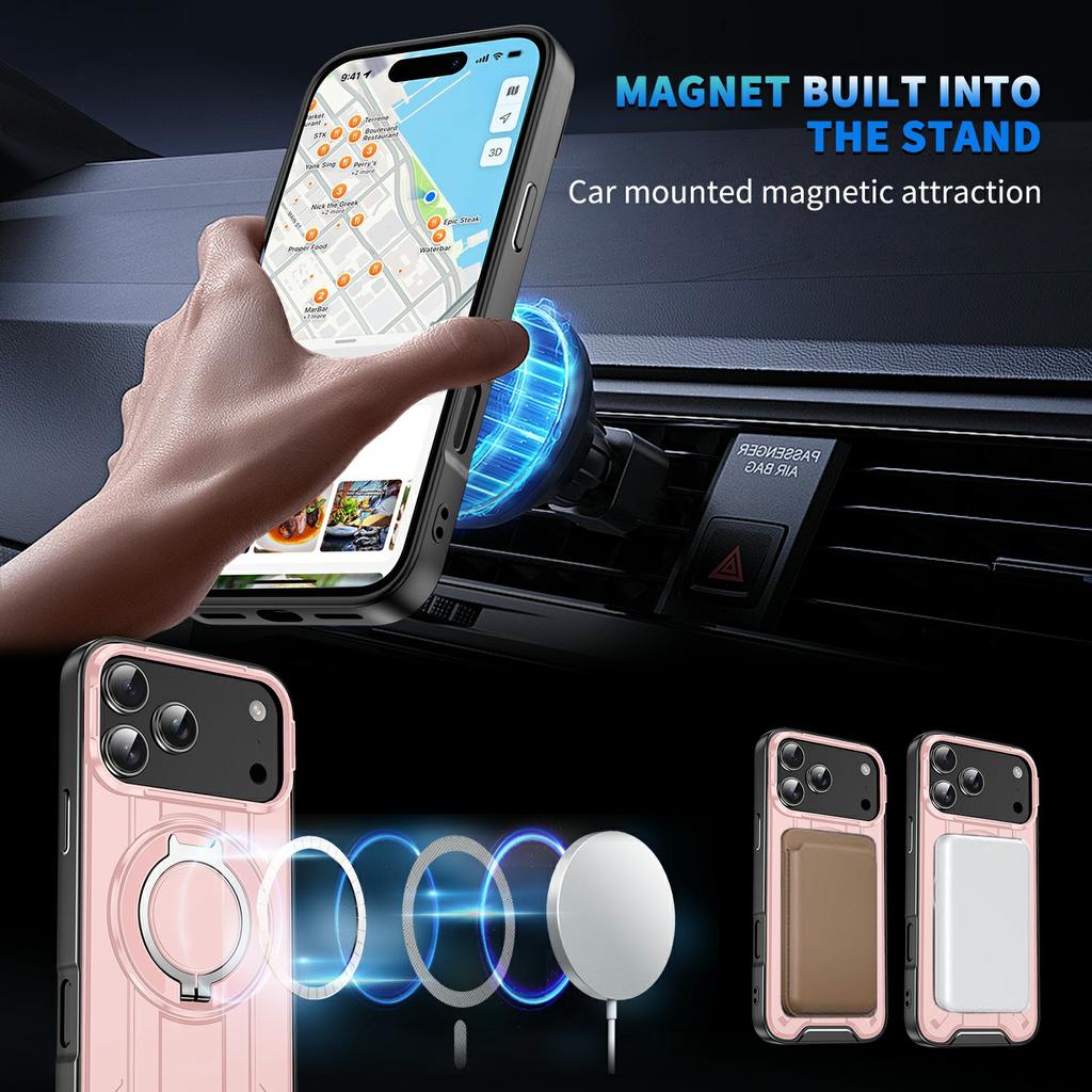 For iPhone 17 Pro Max Case Compatible with MagSafe Rotating Ring Kickstand PC + TPU Shockproof Phone Cover