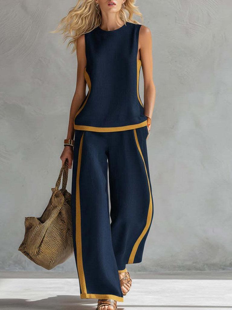 2026 Women's Spring/Summer Color Block Sleeveless Vest & Wide-Leg Pants Set