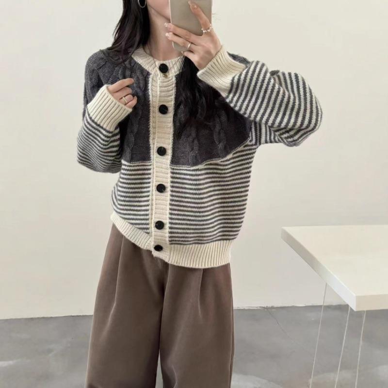 Vintage striped knitted cardigan women's clothing autumn and winter new round neck loose casual lazy wind sweater jacket women