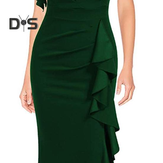 Women Summer O Neck Short Sleeve Gown Dress High Waist Side Ruffle Decor Split Hem Slim Fit Hip Wrapped Evening Party Dress