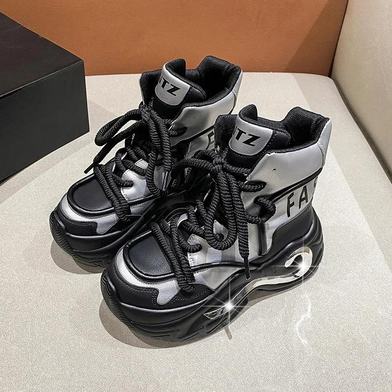 Fashion 8CM Winter Chunky Boots For Women Thick Plush Warm Snow Ankle Boots Wedges Leather High Platform Sneakers Woman Motorcycle Shoes