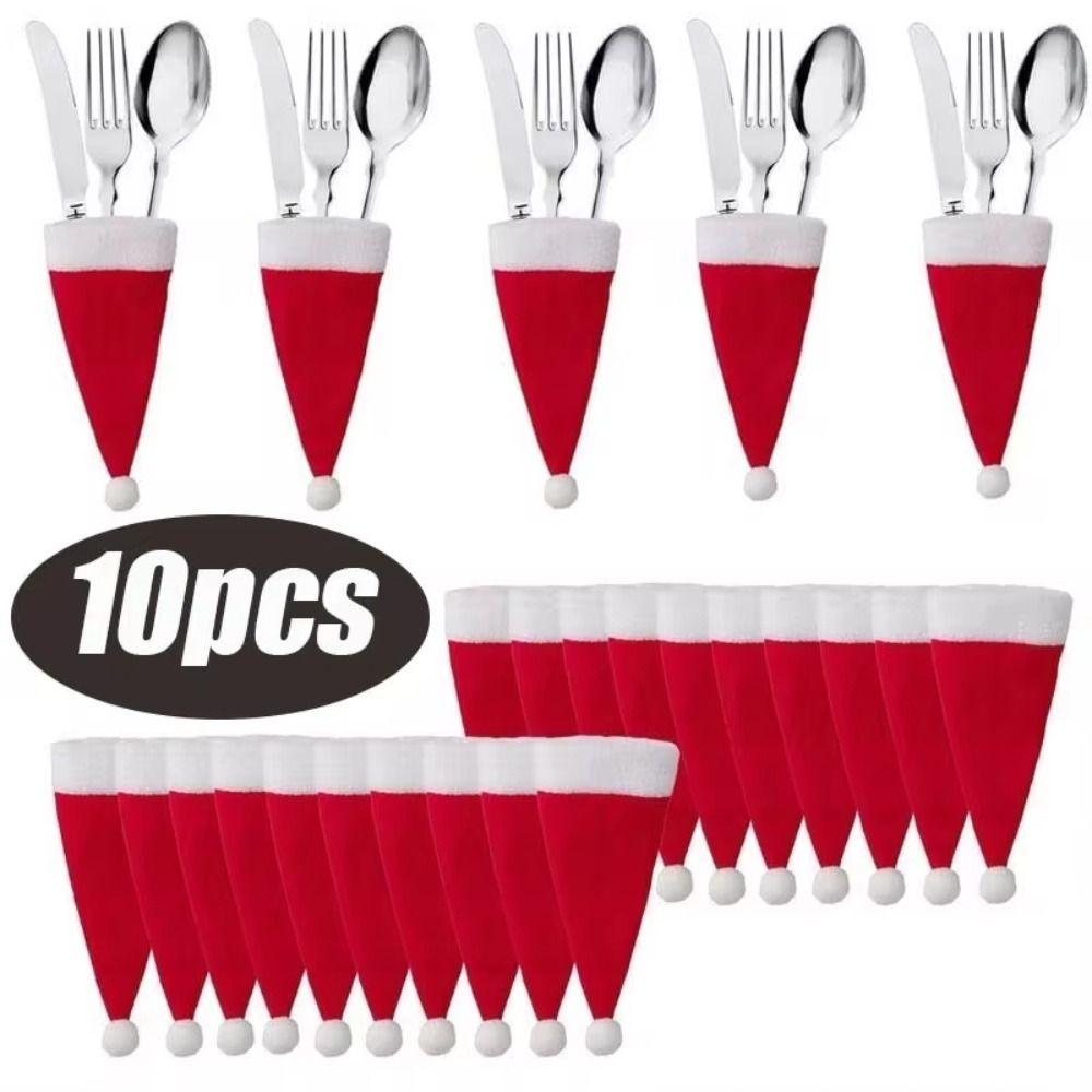 10Pcs Pulled Flannel Christmas Hat Cutlery Cover Cartoon Christmas Hat Fork Cutlery Bag Home