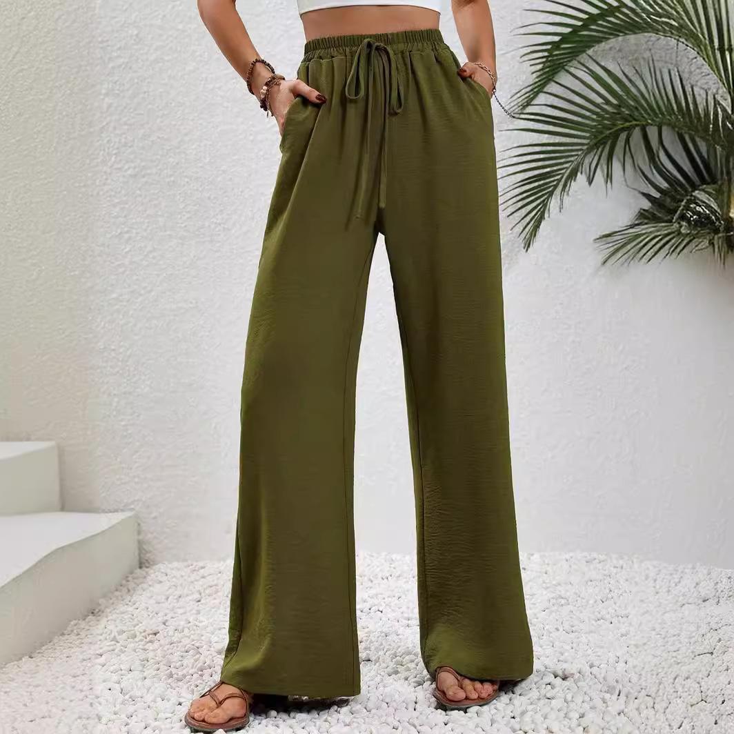 

New Women s Solid Color Floor-Length Wide Leg Pants, Elastic Waist with Drawstring, Casual Versatile Trousers for Spring Summer S армия зеленый