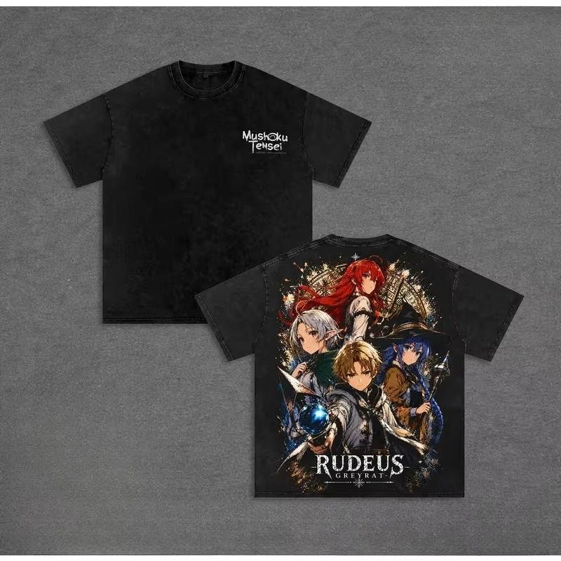 Popular Anime Mushoku Tensei Rudeus & Eris & Roxy Graphic‑Print Unisex Washed Casual Vintage‑Style Short‑Sleeve T-shirt