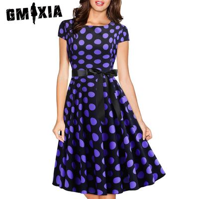 Abito estivo vintage da donna con girocollo, maniche, pois rotondi e nastro nero in vita