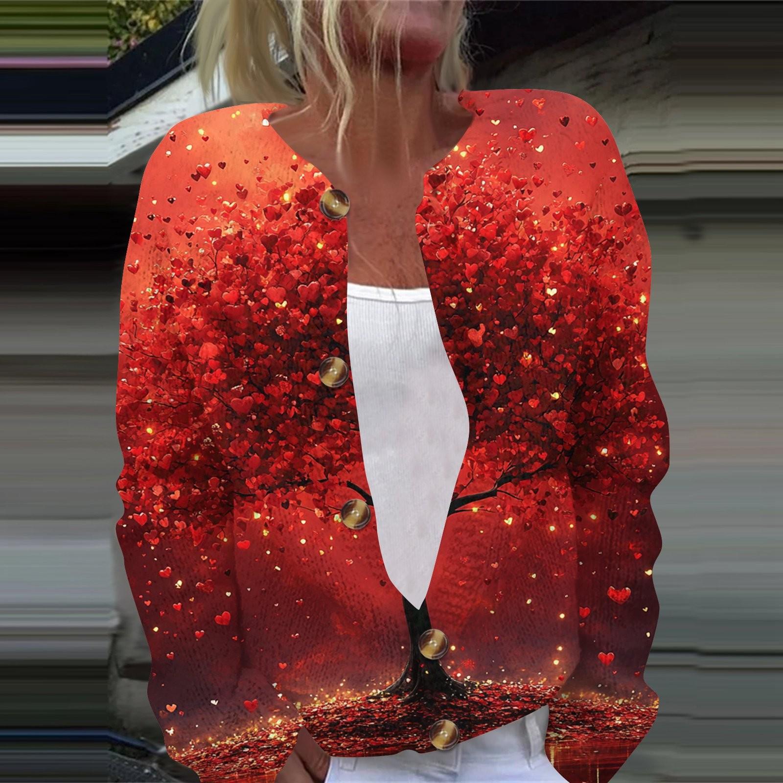 

Женская мода День святого Валентина Сердце Принт Длинный рукав Вязаный кардиган Куртка на пуговицах XL