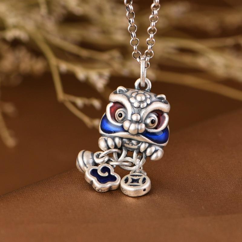 Blue Cute Small Pendant   Lion Dancing Tassel Necklace Chinese Style Copper Coin Design Banquet Couple Jewelry Gift