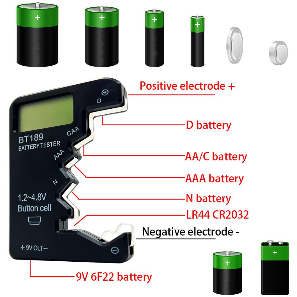 BT189 Digital Battery Tester LCD Display AA/AAA/9V/1.5V Button Cell Battery Capacity Check Detector Capacitance Diagnostic Tool