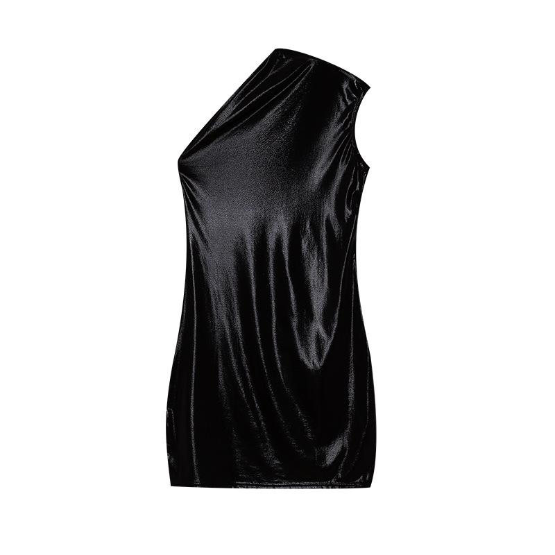 Women s fashion hot-selling spring new sexy slim-fit solid color one-shoulder sleeveless bodycon dress S чёрный