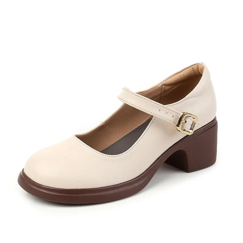 Echte Leren Schoenen Dames Pumps met Ronde Neus Comfort Koeienleer Hoge Hakken Schoenen Mode Ondiepe Mond Zachtzool Moeder Schoenen