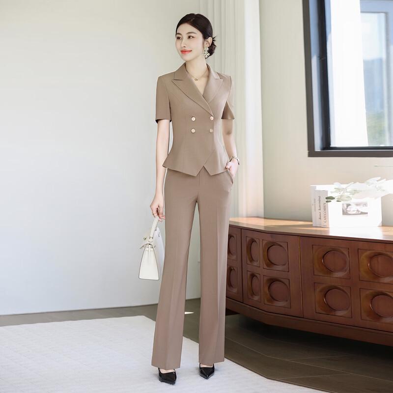 Women's Light Khaki Short-Sleeve Blazer Suit