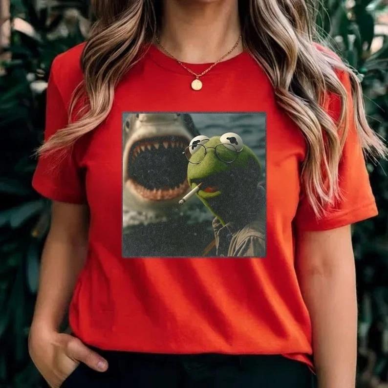 Smoking Frog Meme Tee, Shark Attack Parody T-Shirt, Retro Cinematic Graphic Shir M