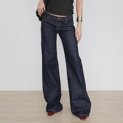 Jeans a zampa slim fit da donna Y2K Vintage a vita bassa in denim elasticizzato con ricami stile distressed per outfit quotidiani