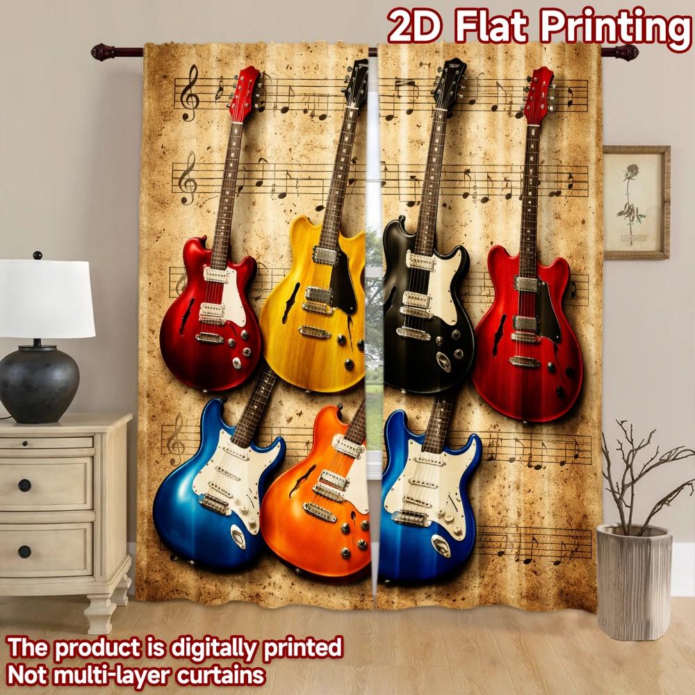 2D Flat Printing 2pcs Curtain Curtains Colorful Guitars Digital Printed Polyester Drapes Holiday Decorations Use for Parties and