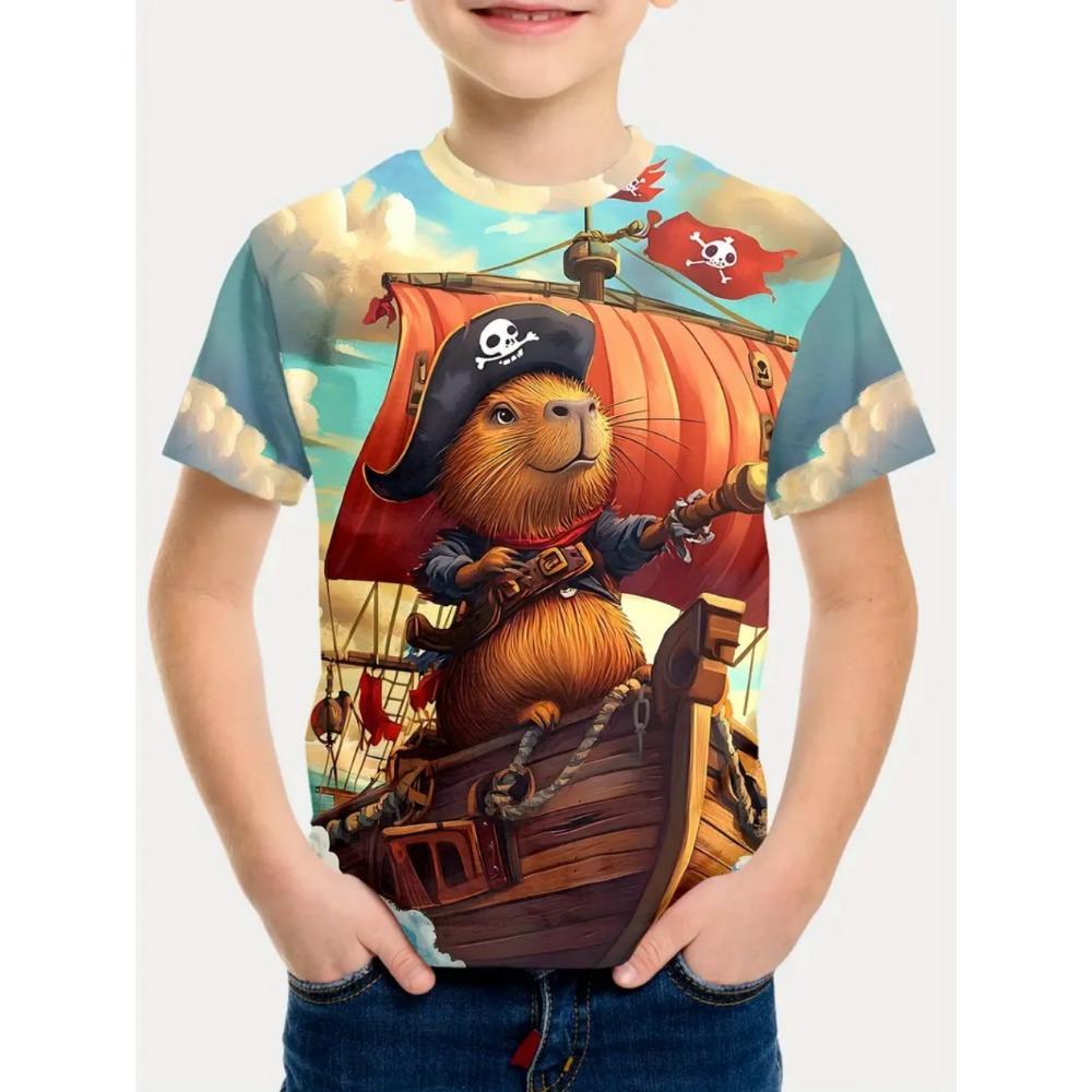 Adorable Capybara Boy Cartoon Print Short Sleeve T-Shirt for Boys, Loose-Fit Summer Top, Fashionable Kids' Clothing, Boys' Apparel