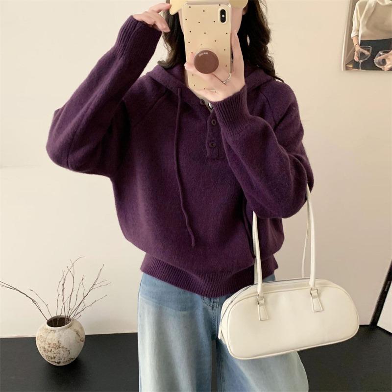 Casual High-end Pullover Sweater for Women's Outerwear Autumn and Winter New Loose Solid Color Hooded Short Knitted Top