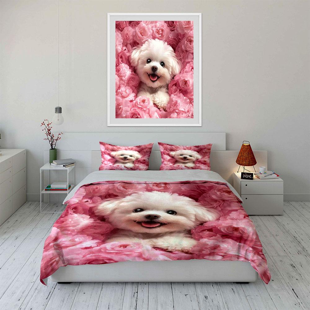 "Floral Puppy Decor Set" Bedding Set with 1 Duvet Cover 2 Pillowcases Single Double King Queen, Gift