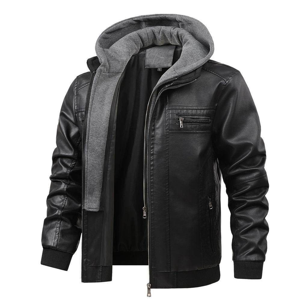 European and American hooded PU leather jacket leather jacket men's new winter warm jacket