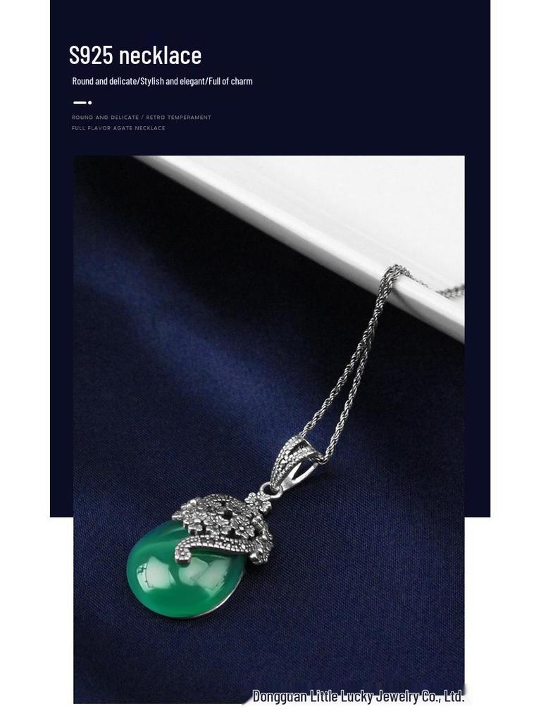 Jade Angel Vintage Women's Necklace Pendant with Chalcedony, Synthetic Garnet, and Cat's Eye Stones In S925 Thai Sterling Silver.