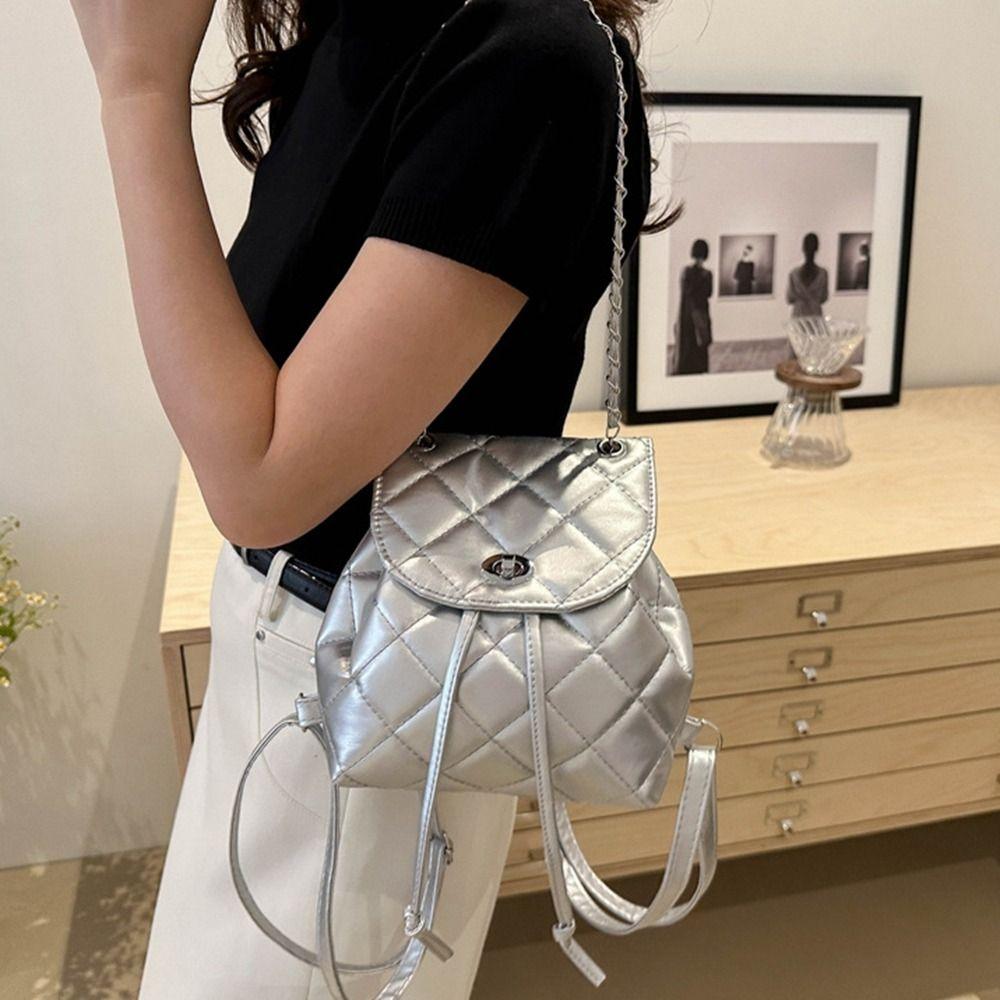 Cute Small Backpack Pu Leather Pu Bucket Bag Sweet Rhombic Lattice Chain Shoulder Bag Girl