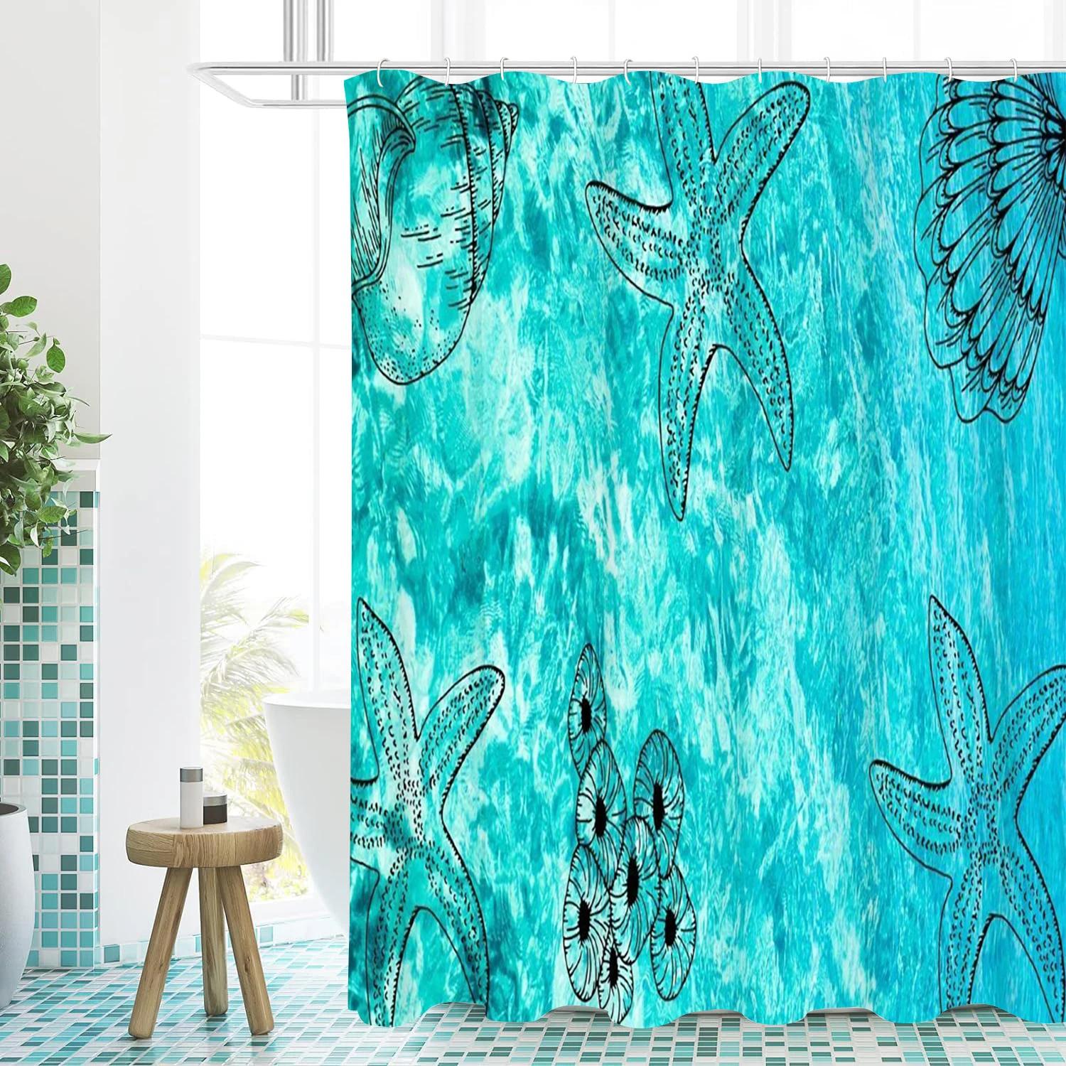 starfish Bathing Curtain Bathroom Shower Curtain Waterproof With 12 Hooks Home Deco W90xH180cm