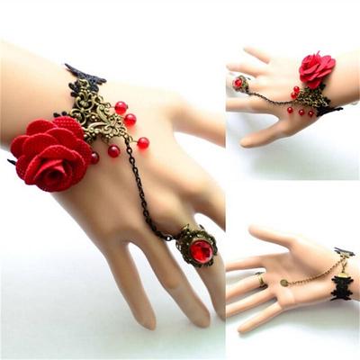1 Pcs Vintage Lace Red Rose Metal Bracelet