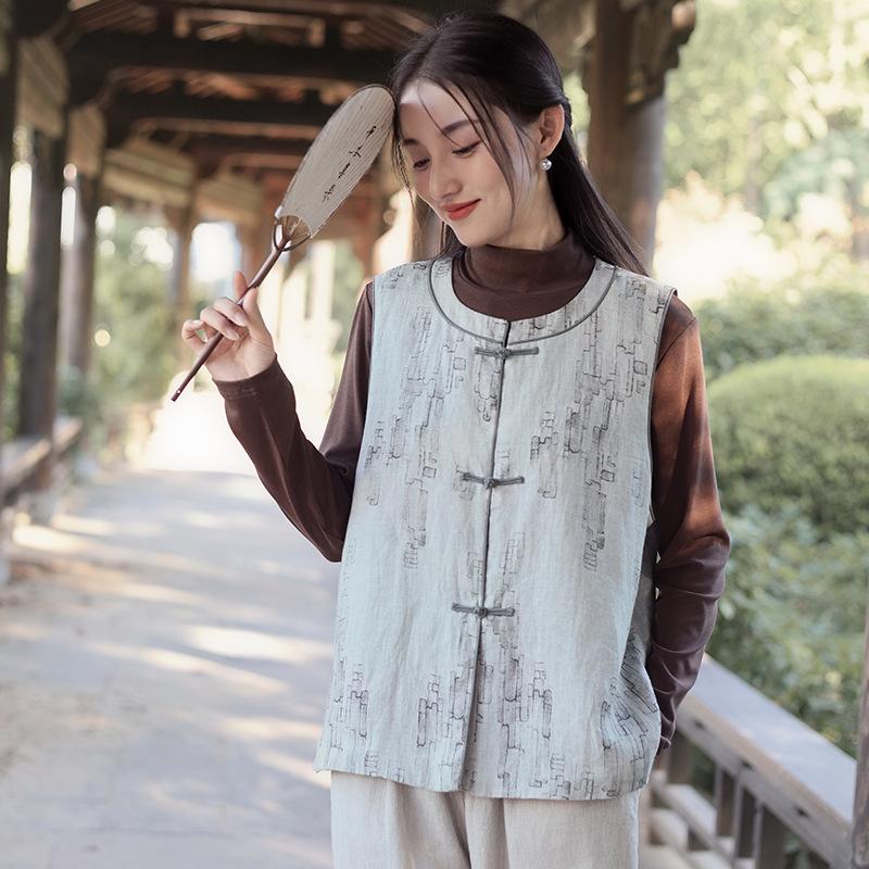 Johnature Women Vintage Print Floral Coats Autumn O-Neck Sleeveless Button Chinese Style Female Coats M