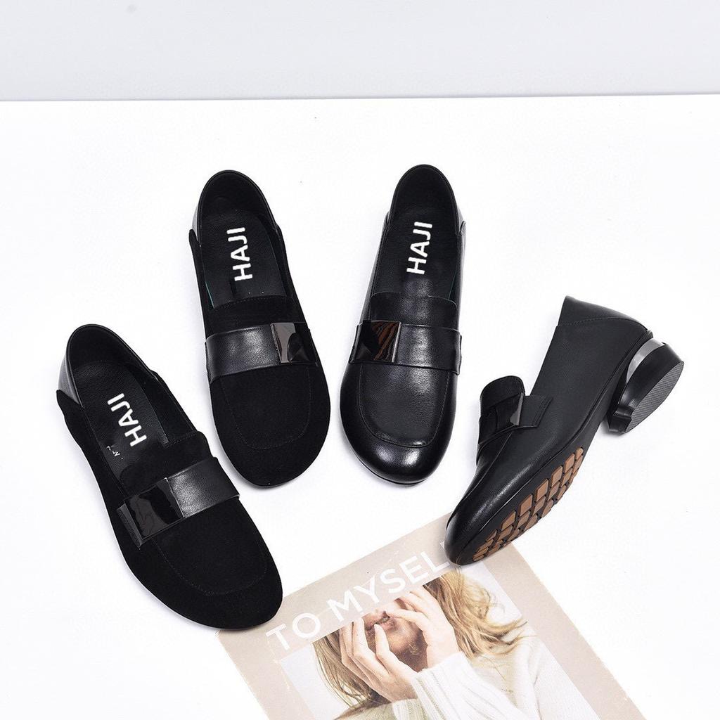 Loafers 2025 spring and summer new mango head square buckle comfortable single shoes black first layer cowhide two wear women's bean shoes