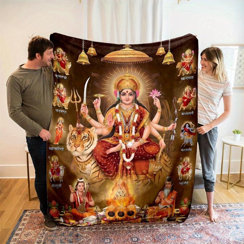 Coperta in Flanella Reversibile per Tutte le Stagioni con Stampa della Dea Indiana Durga, Stile Contemporaneo, Stampa Digitale, Tessuto per Casa e Ufficio