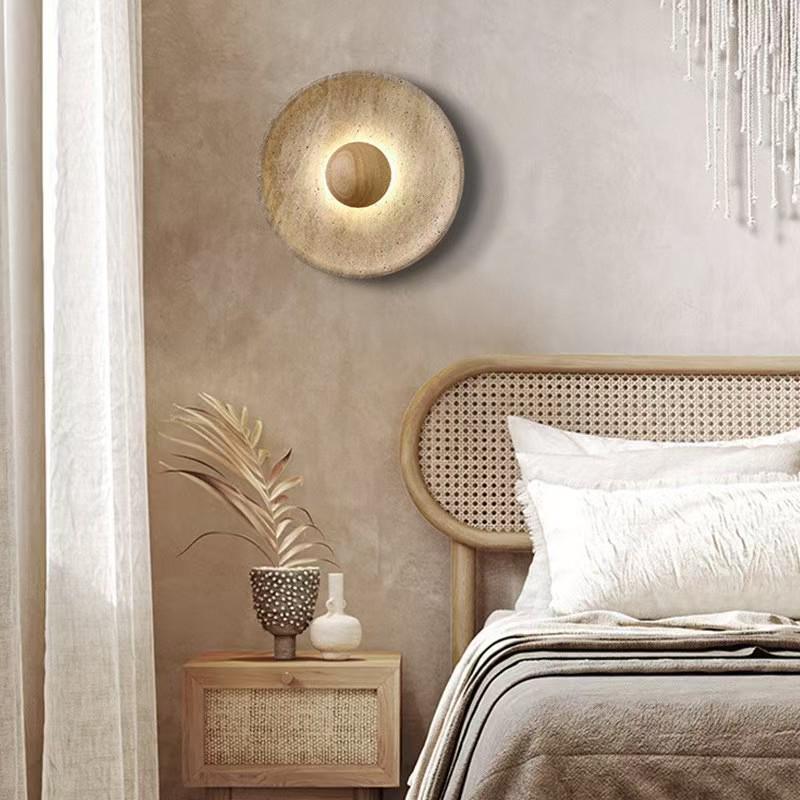 Japanese Wabi-Sabi Style Wall Lamp, Yellow Travertine Round, for Bedrooms, Restaurants, and Hallways