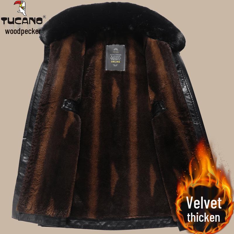 Woodpecker Men's Warm Leather Jacket for Dad and Grandpa - Plus Velvet Winter Coat