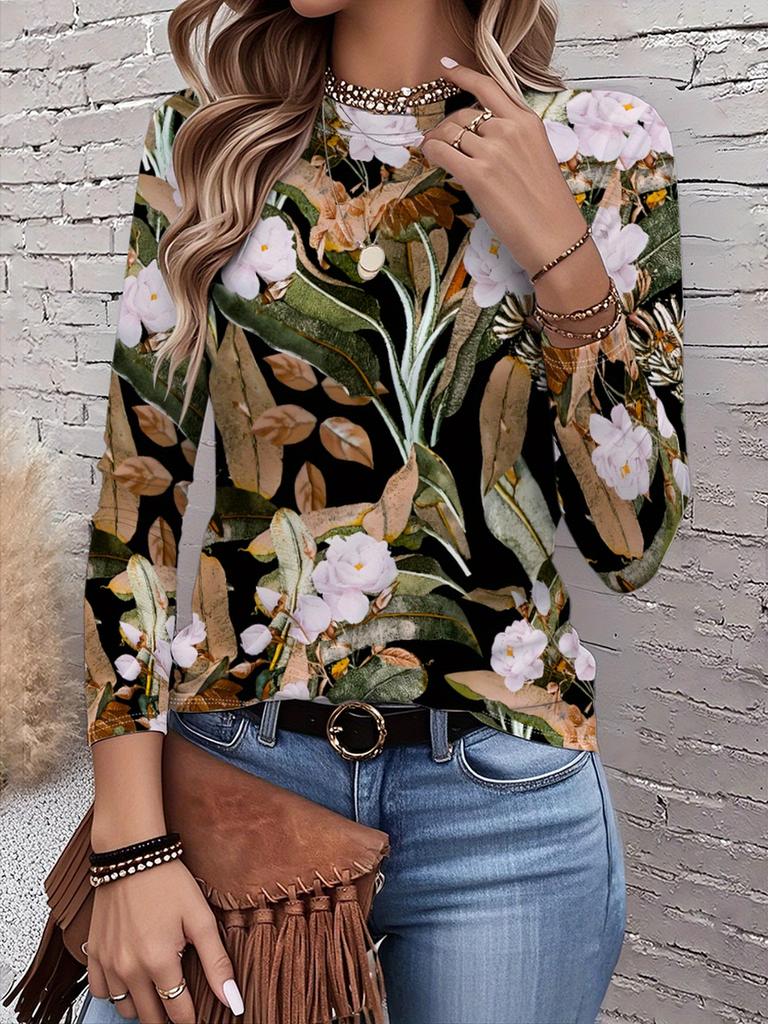 2026 New Women's Fashionable Long-Sleeved T-Shirt with Retro Floral Pattern, Perfect for Everyday Wear and Stylish Outfits