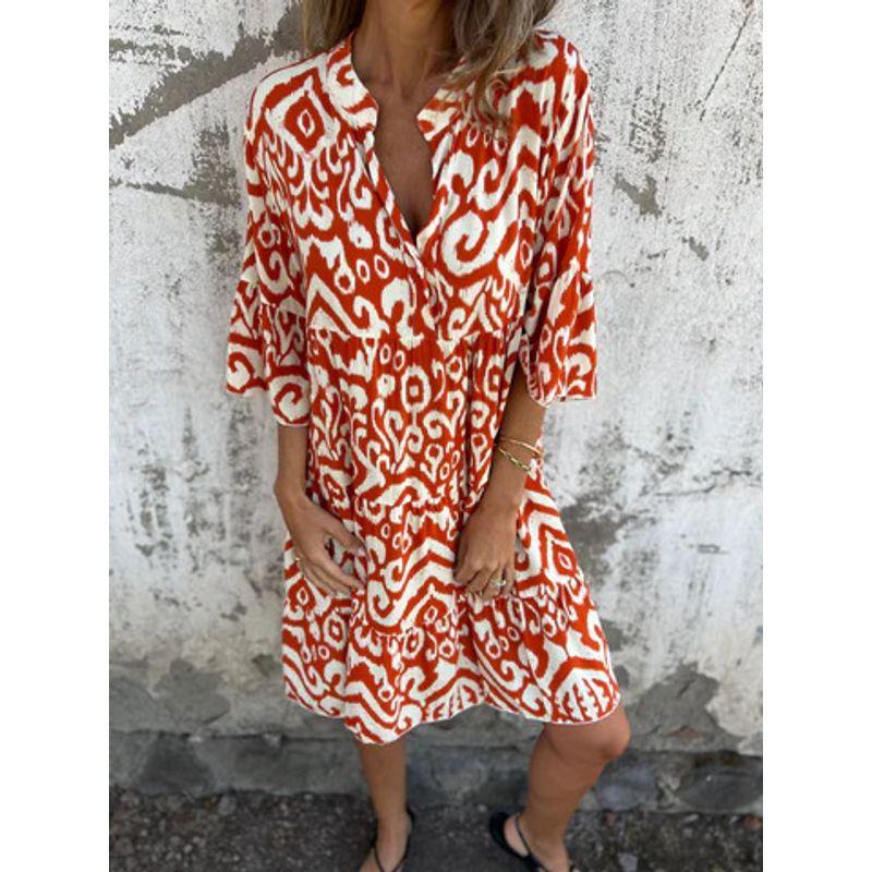 

European and American Fashion New Casual V-neck Print Pleat Women s Dress V-Neck Printed Dress Burgundy XXL