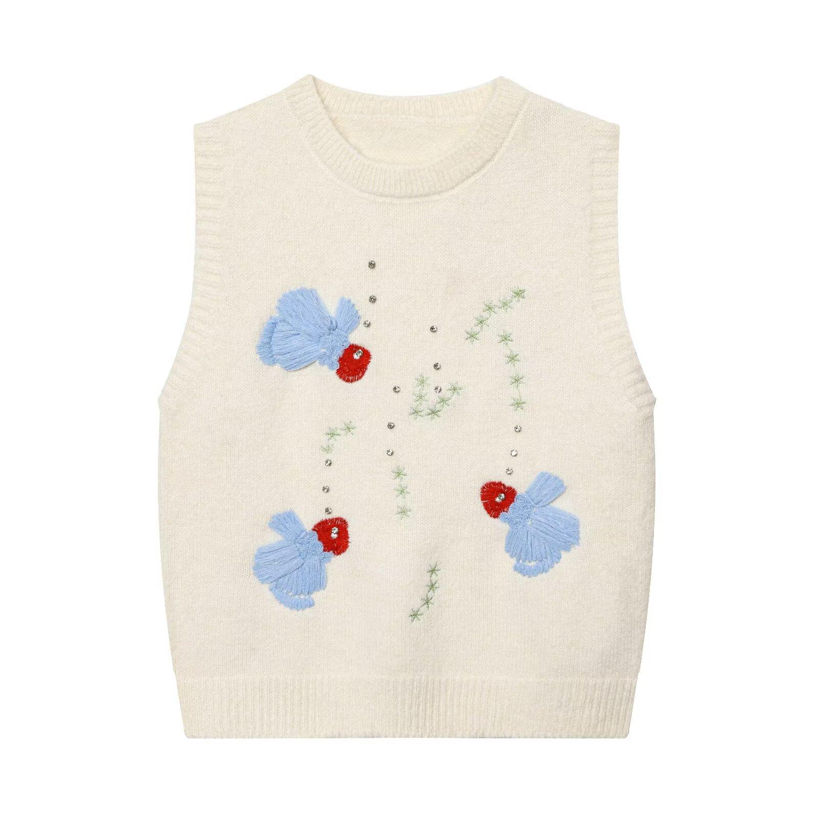 European and American style, new women s clothing, foreign style, fashionable, versatile, fashionable, embroidered knitted vest S бежевый