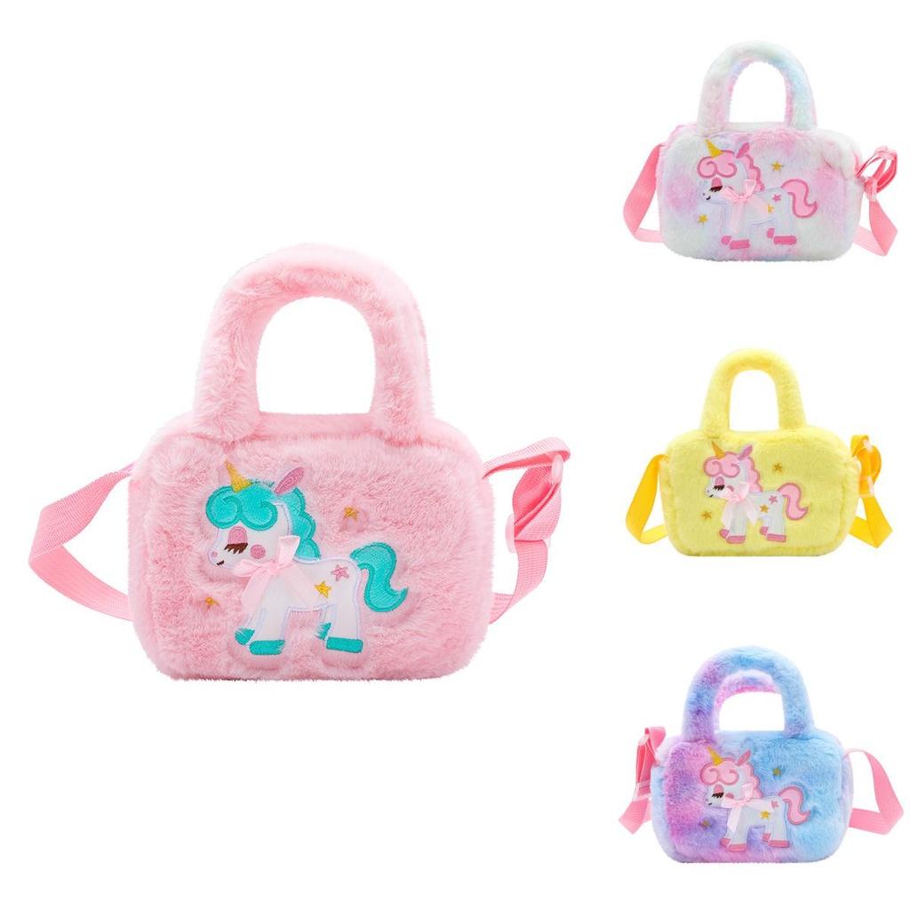 Cute Plush Unicorn Shoulder Bag For Kids Cartoon Design Soft And Fluffy Perfect For Kindergarten And Daily Use Purple