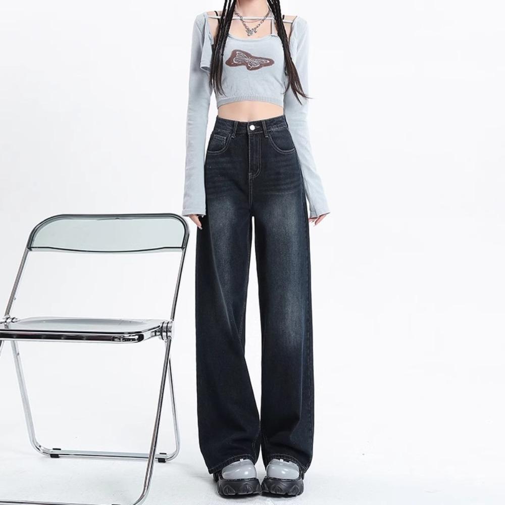 Women's High Waist Wide Leg Jeans Vintage Washed Straight Leg Denim Pants Casual Loose Floor Length Trousers