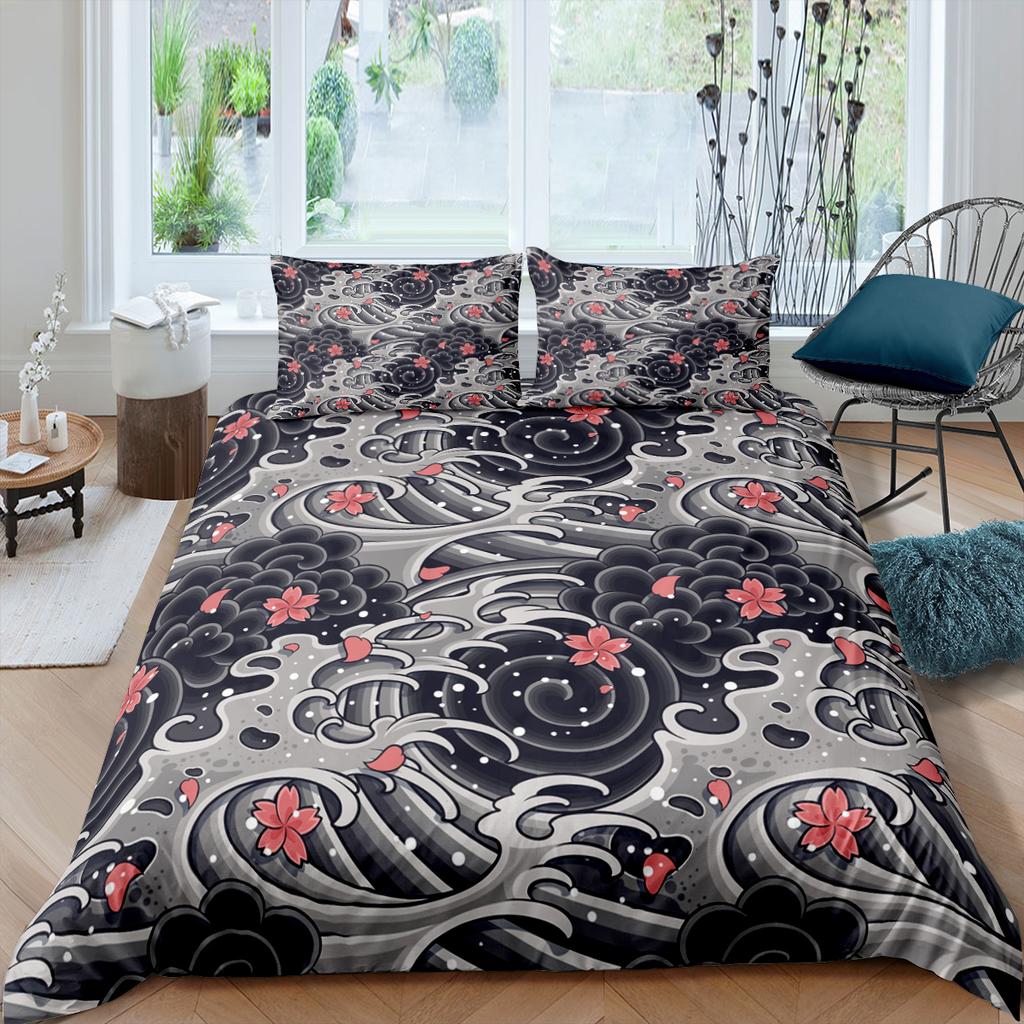 Japanese Crane Duvet Cover King Queen Size Wave Flower Ukiyo-E Style Bedding Set Eastern Culture 2/3Pcs Polyester Quilt Cover